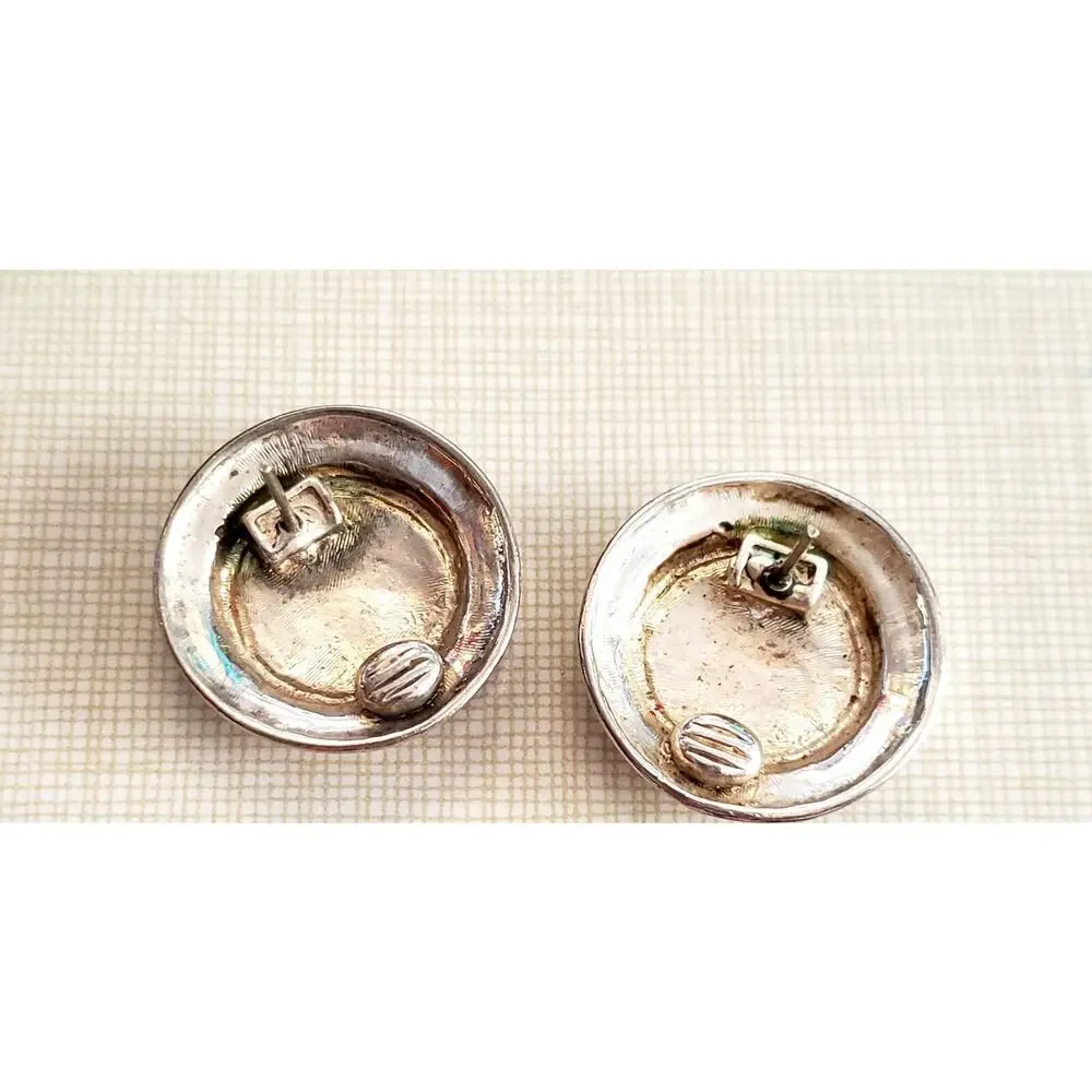 Vintage Silver‎ & Black Round Pierced Earrings, 1